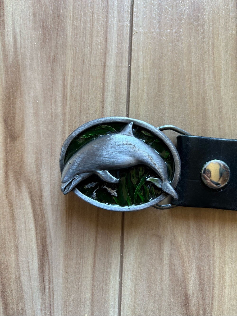 Vintage 1984 Bergamot Brass Works Dolphin Pewter Belt Buckle and Belt